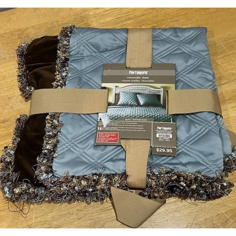 Pier 1 Euro Sham Quilted Aqua Blue Brown‎ Velvet Fringe Reversible